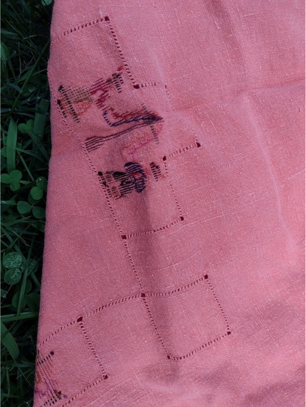 Vintage 1940s Maypole Embroidered Table Topper Folk Art Coral 33x36